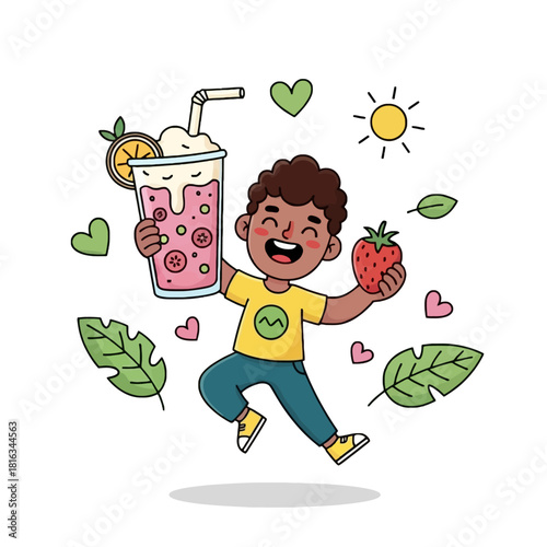 Happy cartoon boy holding a strawberry smoothie and a fresh strawberry, surrounded by nature elements like leaves, hearts, and a sun.