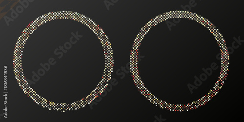 Two circular frames composed of small colorful dots on a black background