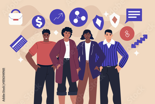 Diverse business team with financial and technological icons illustration