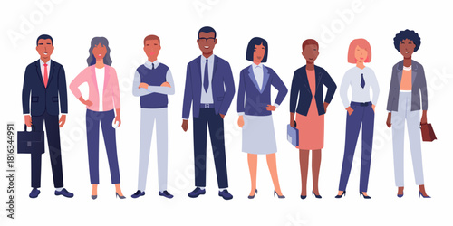 Diverse group of business professionals standing together confidently and professionally