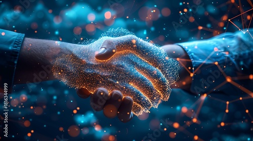Futuristic handshake with glowing digital connections and particles