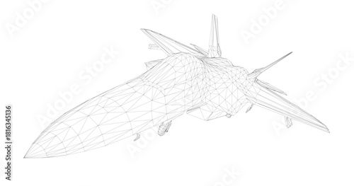 Polygonal fighter jet in combat mode features a geometric wireframe design with intricate shapes and clean lines. This stylized aircraft illustration appears on a plain white background.
