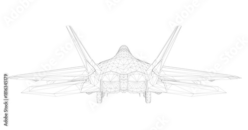 A 3D wireframe model of a sleek combat fighter jet, featuring detailed wings, tail, and cockpit on a stark white background.