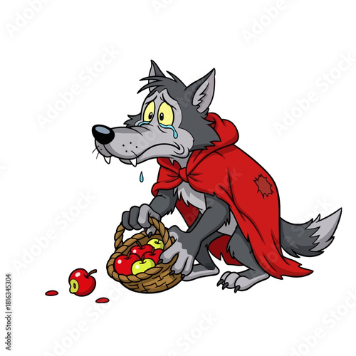 Sad cartoon wolf in red cape crying over spilled apples from a basket.