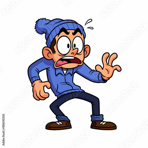 Cartoon man looking scared and surprised, wearing a blue beanie and jacket, with sweat drops.