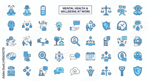 Collection of mental health and wellbeing at work icons in blue outline style on a white background