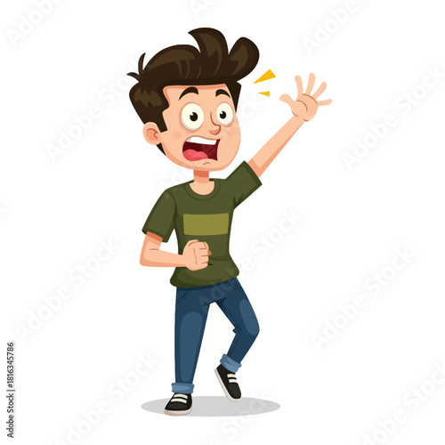 Cartoon boy with a surprised or shocked expression, raising one hand in alarm.