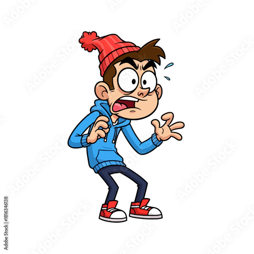 Cartoon illustration of a young man looking scared and anxious, wearing a red beanie and blue hoodie.