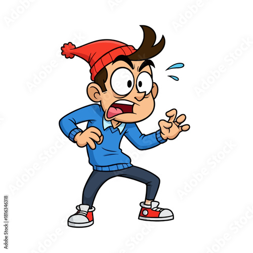 A cartoon man with a scared and shocked expression, wide eyes, and open mouth, wearing a red beanie and blue shirt.