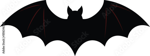 Black Bat Silhouette with Wide Spread Wings and Subtle Red Veins Spooky Halloween Decoration Nocturnal Animal Graphic Vector Illustration Isolated on White