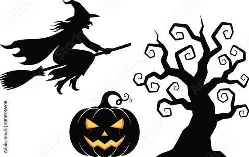 Set of Spooky Halloween Elements Including Witch Flying on Broomstick Jack-O'-Lantern Pumpkin and Creepy Twisted Dead Tree Silhouette Vector Illustration Isolated