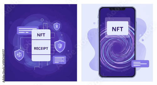 Nft receipt concept with security shields and a smartphone displaying a swirling purple vortex