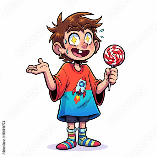 Cartoon boy with starry eyes and a big smile, holding a swirl lollipop, wearing a rocket t-shirt and striped socks.