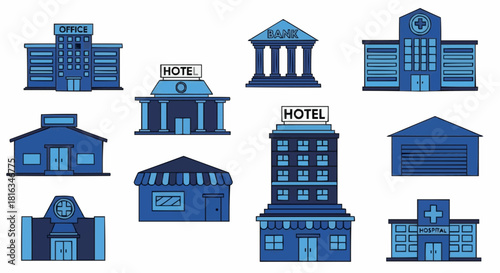 Illustration of various blue buildings including office bank hotels and hospitals in cartoon style