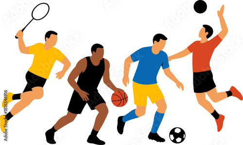 Diverse group of athletes playing various sports together in a dynamic and colorful illustration