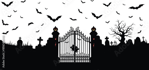 Spooky Halloween Graveyard Silhouette Banner with Ornate Gate Tombstones Dead Tree and Flying Bats Cemetery Horror Scene Vector Illustration Isolated on White