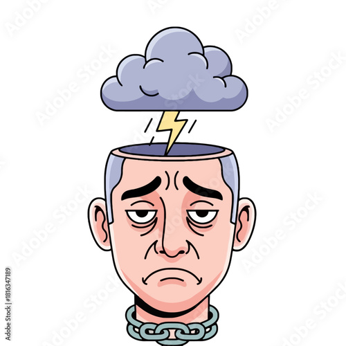 Illustration of a sad man with a storm cloud and lightning inside his head, symbolizing depression and mental struggle, with a chain around his neck.