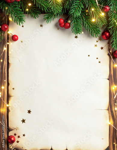 Diseño plantilla libre para escribir la carta a reyes Magos y Papá Noel, por navidad con marco de decoracion navideña y luces. Tambien para menu de navidad y fin de año