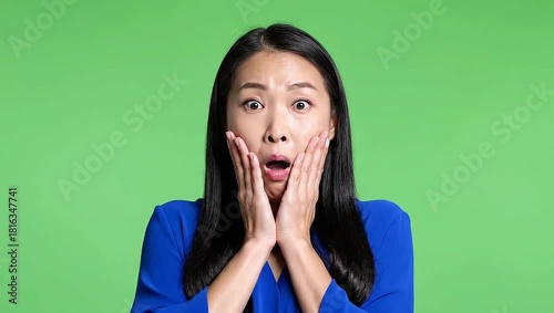 Woman expresses shock with hands on cheeks