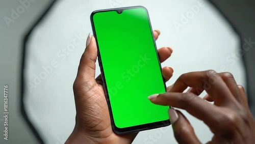 Person holding a smartphone with a green screen