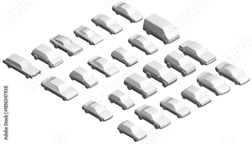 Polygonal white cars form an animated urban fleet, parked in a geometric set with a dynamic sense of movement. Isometric view