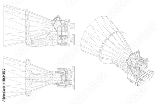 Detailed 3D wireframe model of a rocket engine set, featuring intricate blueprint lines and curves on a white background. This realistic technical illustration is ideal for engineering or aerospace.