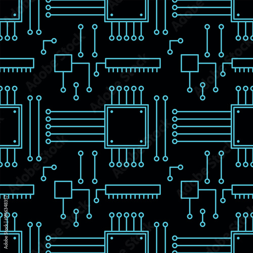 Neon cyan AI circuit seamless pattern