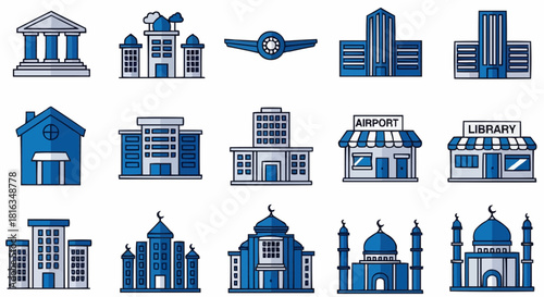 Illustration of various buildings including a bank, airport, library and mosque icons set up nicely