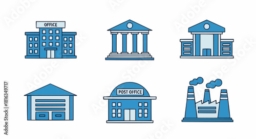 Illustration of various buildings including office bank post office warehouse and factory icons