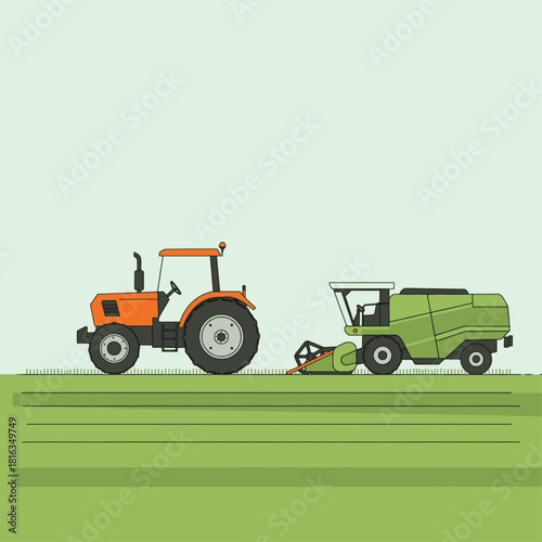 An illustration of an orange tractor and a green combine harvester working in a field.
