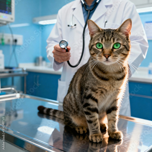 A tabby cat with striking green eyes sits on an examination table in a veterinary clinic, with a veterinarian holding a stethoscope in the background.