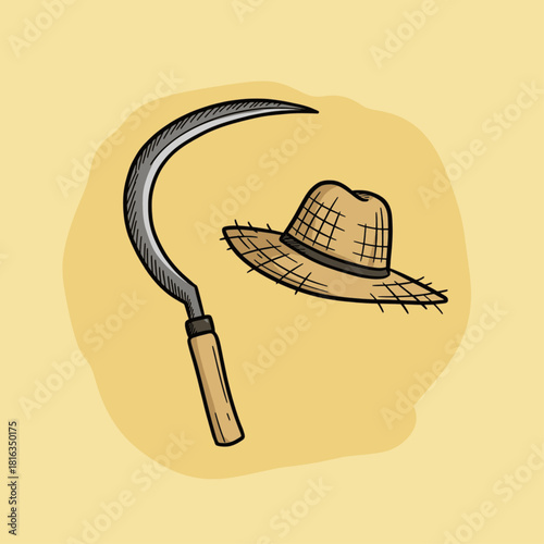 A rustic straw hat and a curved sickle are depicted against a soft yellow background.