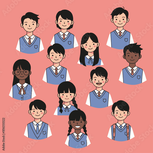 A diverse group of smiling students in school uniforms, depicted in a charming illustration style against a soft pink background.