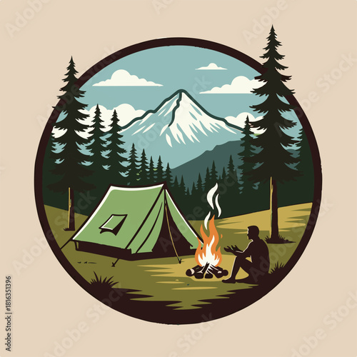 Vintage logo badge of Mountain and pine forest camping editable vector illustration for tshirt retro design