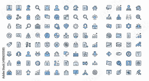 Collection of hand drawn style business and technology icons in blue and black color scheme vector image