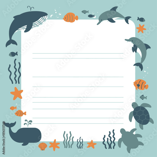 Sea life themed frame with whale, dolphin, turtle, starfish, and fish.