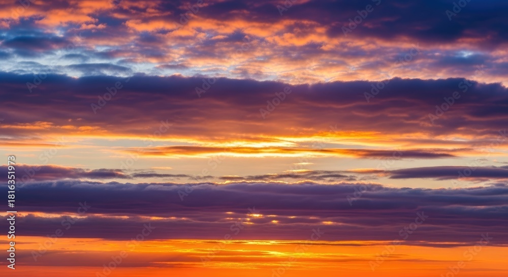 Fototapeta premium Vibrant Golden Hour Skyscape with Dramatic Orange and Purple Cloud Layers