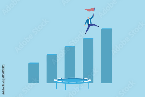 Businessman jumping on growth chart using trampoline to reach the top