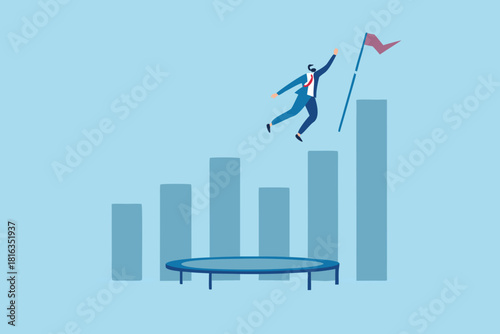 Businessman using trampoline to reach goal on top of graph