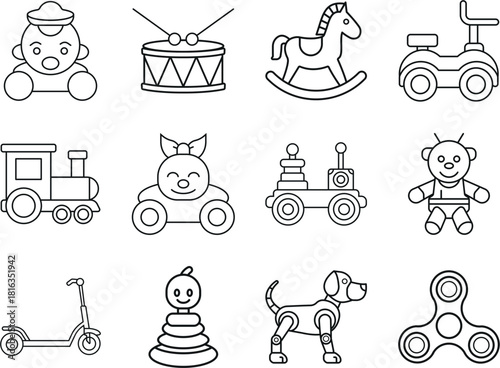 Kids Toys and Playtime Essentials Outline Icon Set, Childhood Play Icons, Simple Line Toy Collection