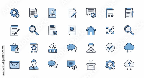 Illustration showing a collection of business and office related icons in a light blue color scheme
