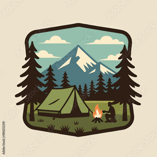 Vintage logo badge of Mountain and pine forest camping editable vector illustration for tshirt retro design