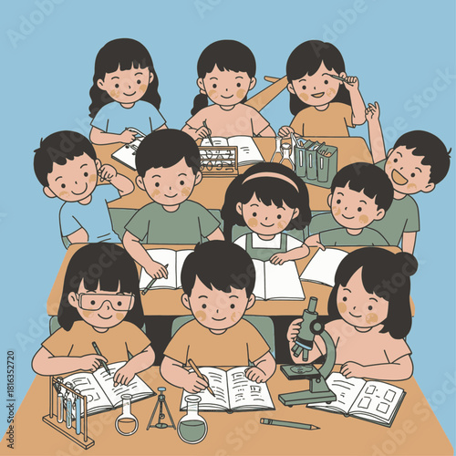Children in a classroom, studying science, with books, beakers, and a microscope on the table.