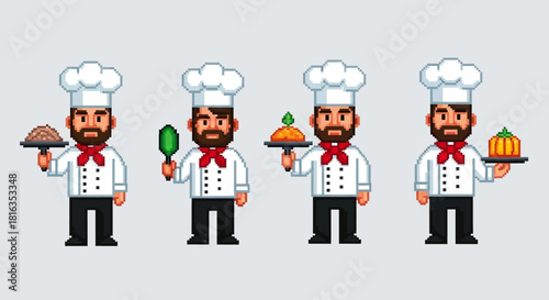 Pixel Art Chef Characters with Various Food Items for Culinary and Restaurant Concepts