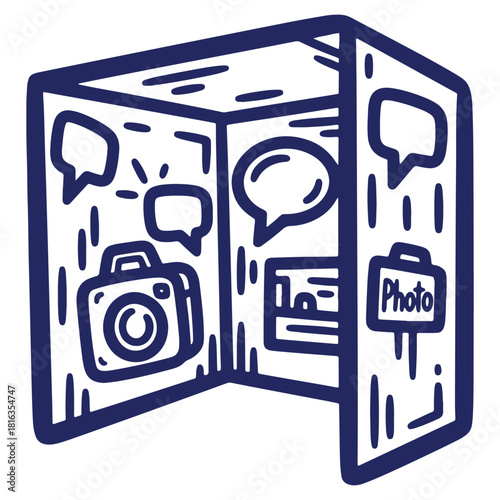 Stylized photo booth icon with camera and picture elements perfect for events and marketing materials related to photography fun
