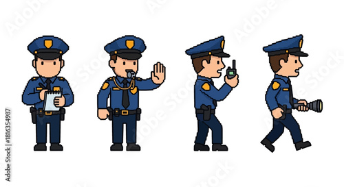 Set of police officers in uniform, performing various duties like directing traffic, communicating, and walking