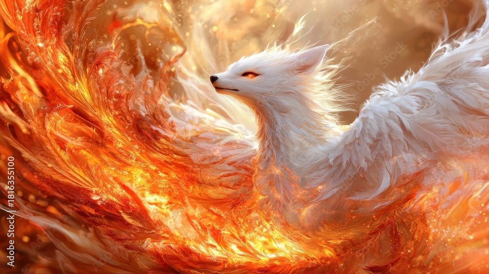 Obraz premium A mystical white fox with fiery, glowing tails swirls in a vibrant, magical, fantasy setting.