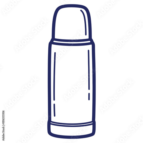 Stylized thermos flask in dark blue outline ideal for hot or cold drinks on the go and everyday use and a practical container