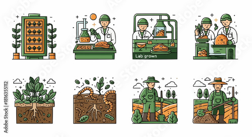 Illustrations depicting vertical farming, lab grown food, and traditional agriculture methods shown