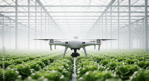 White drone flying over green lettuce plants in modern industrial greenhouse for smart farming